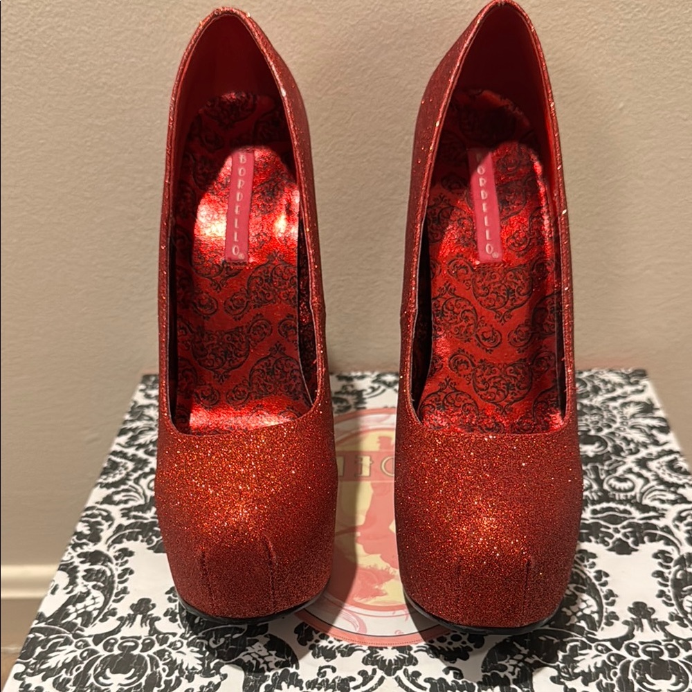 Bordello Red Glitter High Heels NWOT